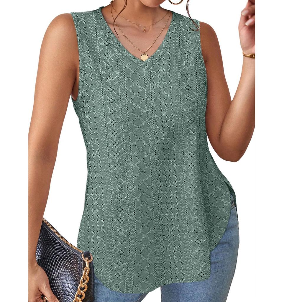 GMXIA Spring Summer V-neck Vest Sleeveless Hole Jacquard Top Casual Vest Women