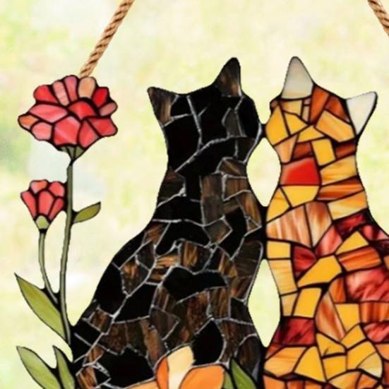 Dual Cat Flower Hanging Decoration Front Door Wall Window Acrylic Kitten Animal Floral Ornament
