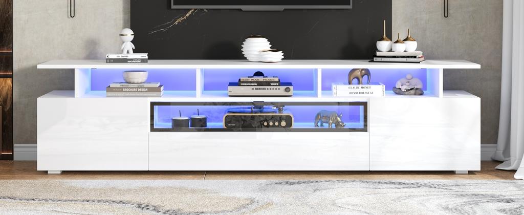 180*38*45cm TV Cabinet with 2 Cabinets and 1 Drawer, Lowboard with LED and 10 Storage Surfaces, Suitable for TVs around 75 Inches