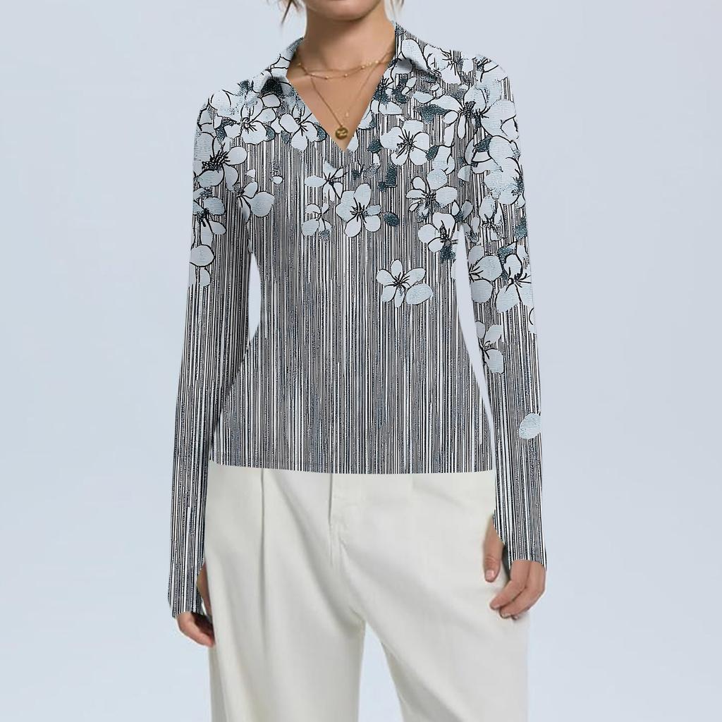 Women's Fashion Casual Print V-Neck Long Sleeve Button-Down Top