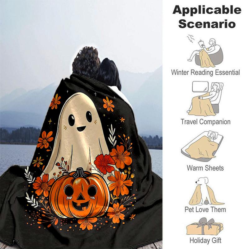 1pc Cartoon Ghost & Pumpkin Halloween Blanket Cartoon Throw for Home Decor, Gift Idea, Room Decoration, Living Room, Travel, Camping