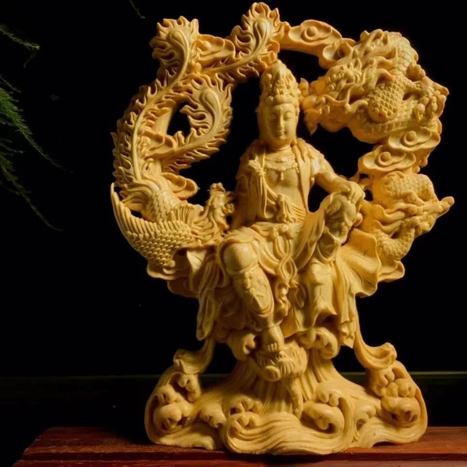 1 шт. аксессуары для домашнего декора китайская резьба по дереву гуаньинь дракон и феникс статуя цельная резьба по дереву домашний декор статуя Будды