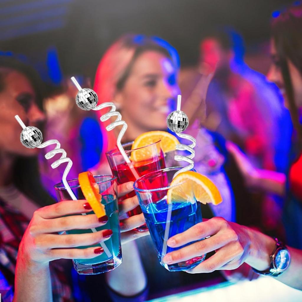 12 PCS Disco Ball Straws Disco Party Decorations Glitter Mirror Disco Ball Straws Plastic Straws 1970s Retro Disco Party Birthday Party Wedding Decor