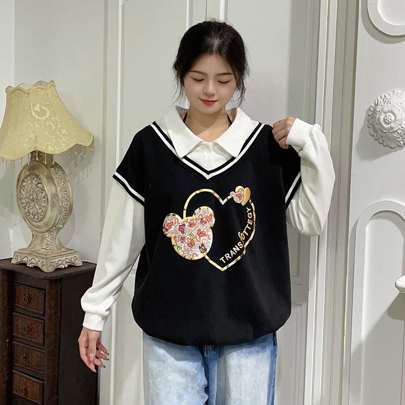 Plus Size Women's Long Sleeve Pullover College Style POLO Collar Sweatshirt Spring and Autumn Blouse