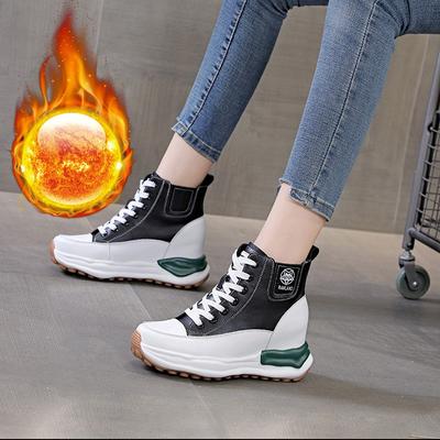 Женская обувь кожа осень новая обувь на платформе одинарная универсальная высокий каблук толстая подошва внутренняя высота увеличение повседневная высокая обувь короткие ботинки