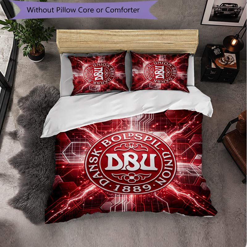 Denmark Football Pattern 3 Pieces Bedding Set Soft Microfiber Duvet Cover with Pillow Cases for Bedroom