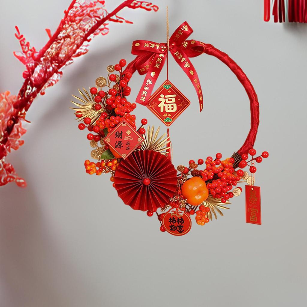 Red Berries Wreath Artificial Garland Hanging Ornament for Chinese New Year Home Window Decoration