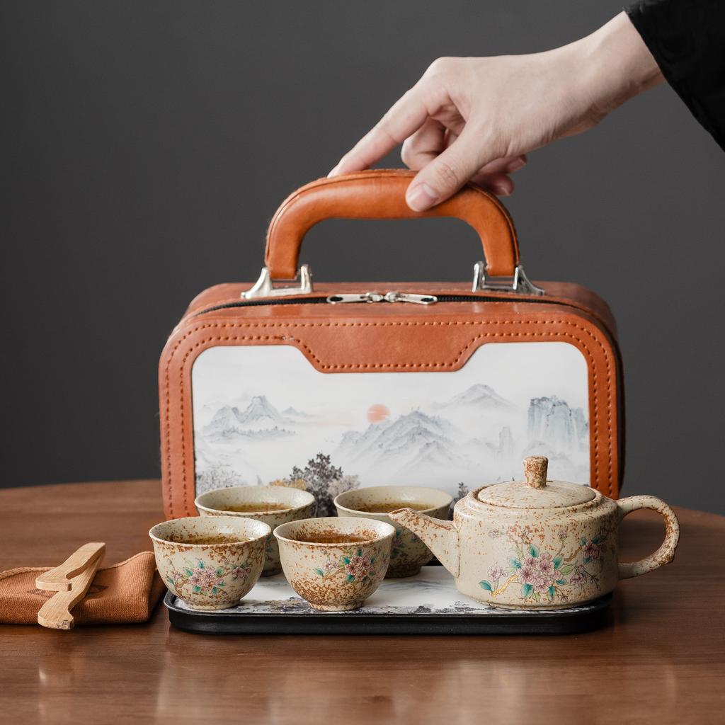 Blue and white flint red tea set, one pot and four cups with tea tray, kung fu tea set opening gift, business accompaniment