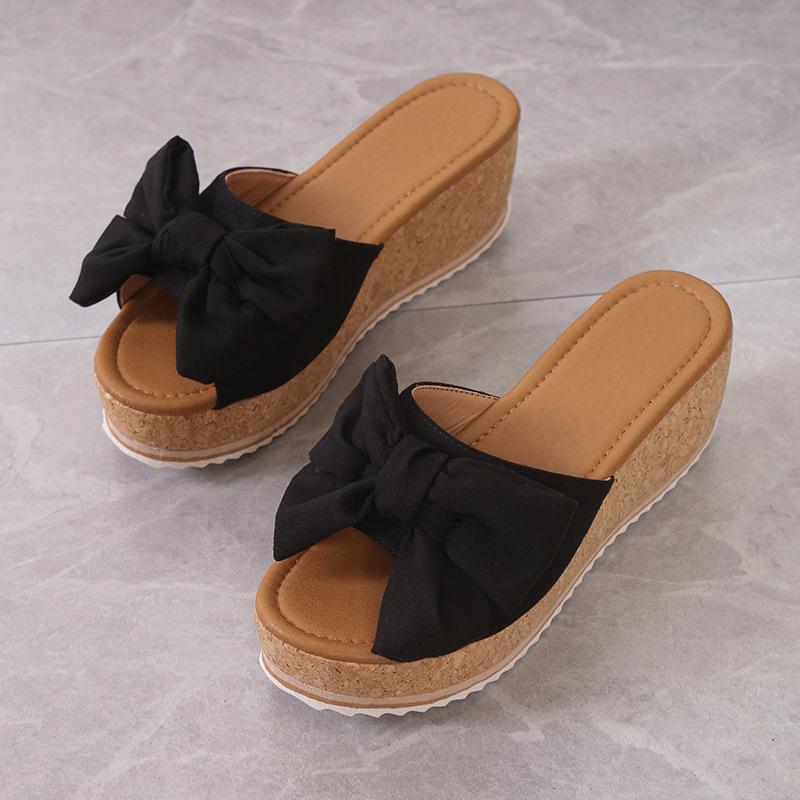 Европейские и американские тапочки с толстой подошвой и бантом для внешней торговли, женские тапочки с леопардовым принтом, односимвольный скошенный каблук, классные тапочки