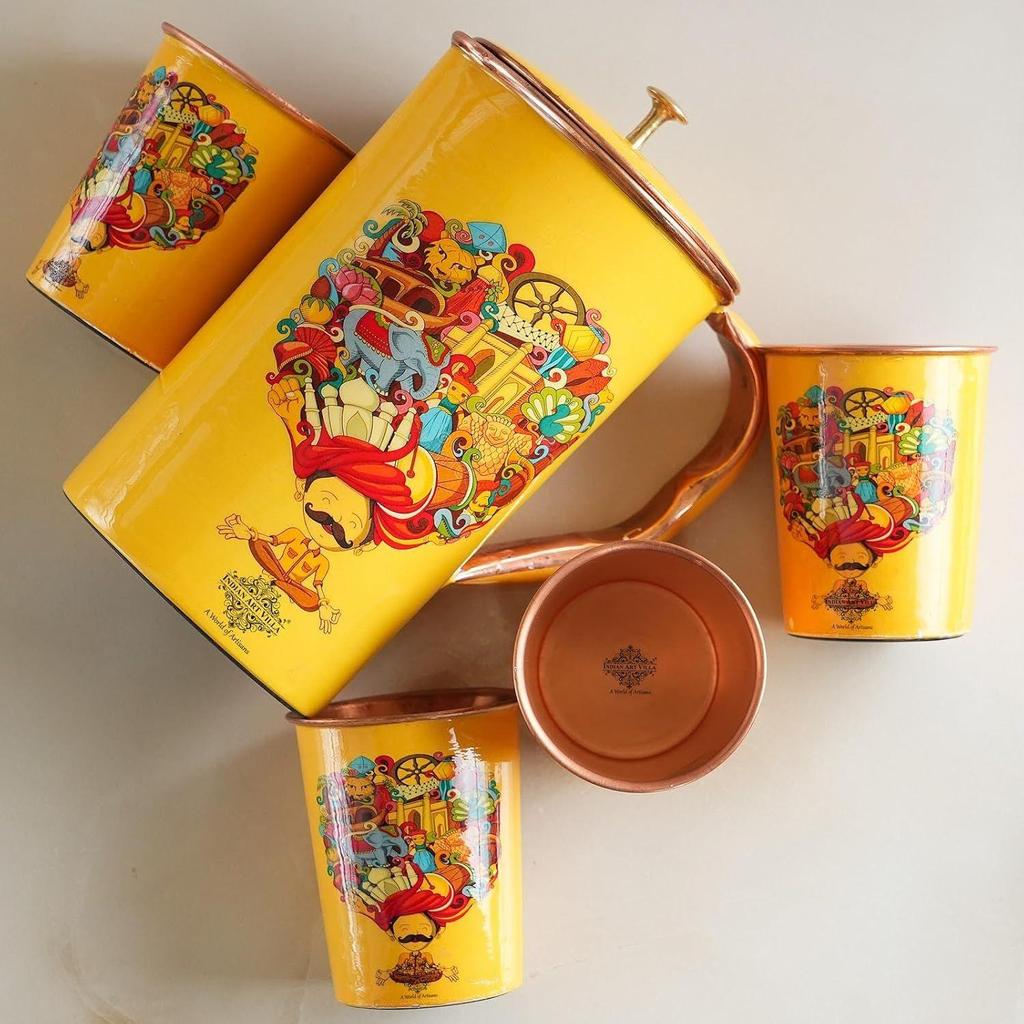 Meena Padharo Mhare Desh Theme Copper Gift Set of 1 Jug & 4 Glass - Perfect for Home, Office, and Gifting, Jug-1.5 Litre & Glass-270 ML Each