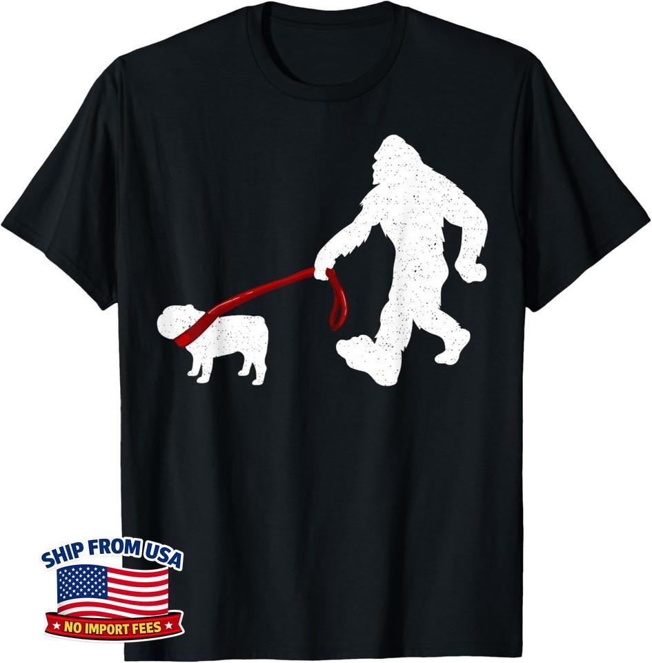 Bigfoot Walking With Bulldog Dog Gifts Gift Funny Unisex T-Shirt