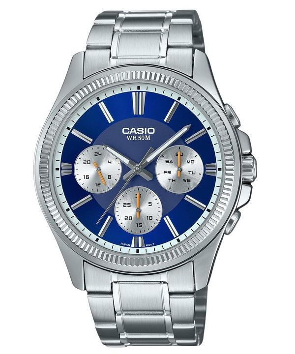 Casio Аналоговые кварцевые мужские часы Enticer из нержавеющей стали с синим циферблатом MTP-1375D-2A1