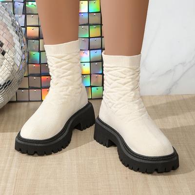 Повседневные зимние ботинки на толстой платформе для женщин с нескользящим круглым носком, вязаные прогулочные ботинки челси, удобные женские ботильоны на осень-зиму