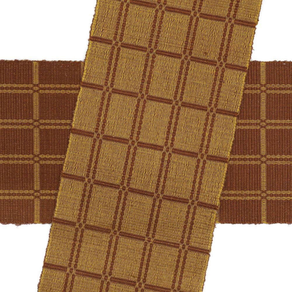 Used Half-width obi Authentic Kihachijo pure silk lattice yellow brown birch brown brown new and used casual No.i6-2308