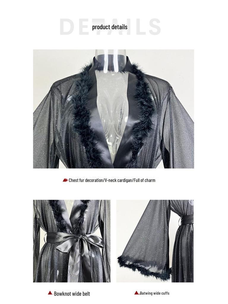 Женский пижамный набор Fiyun из серебристого шелка и халат - Легкая роскошь, Длинный рукав, Пушистый, Охлаждающий на ощупь, Домашняя одежда