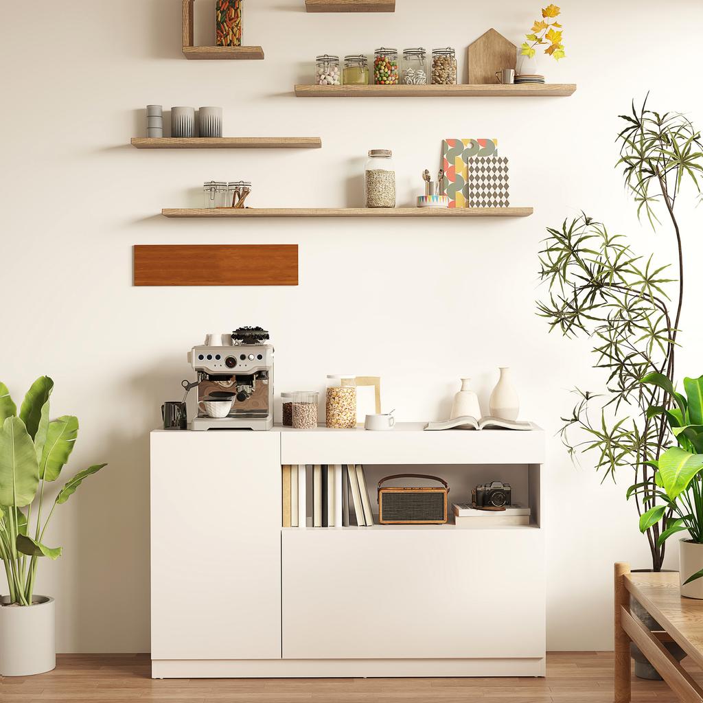 Modern Low Sideboard with Soft-Close Doors and Push-to-Open, Adjustable Shelves, White