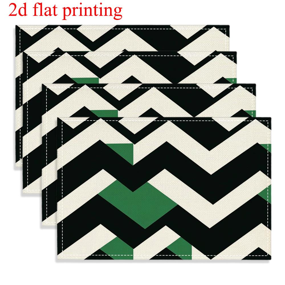4pcs 2D FLAT Digital Print Placemats, Black, White, and Green Zigzag Pattern Printed Placemats, to Make Your Dining Room More Beautiful, Perfect for
