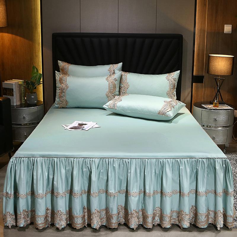 European-Style Satin 60S Long-Staple Cotton Lace Bed Skirt Three-Piece Cotton Non-Slip Bedspread Three-Piece Set 1.5 M1.8 M