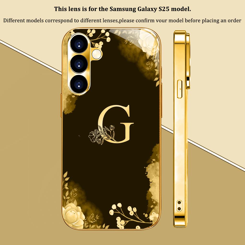 Позолоченный чехол из закаленного стекла для телефона Samsung Galaxy S26, S25, S24, S23 и S22 Ultra Plus. Черно-золотая цветочная надпись