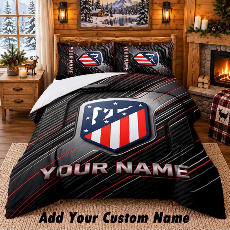 Atletico Madrid Pattern Bedding 3Pcs Set Custom Name, Bed Sheet And Pillowcases For Home Bedroom