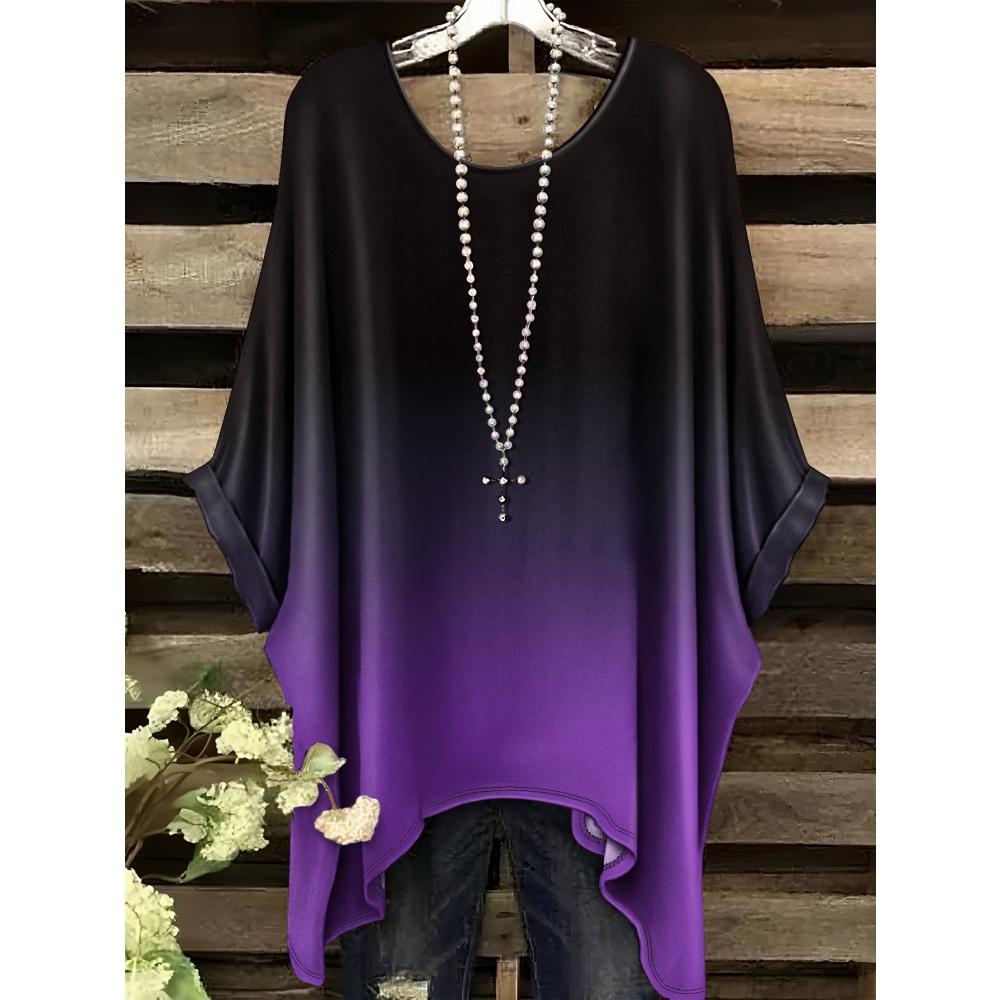 Women 's T-Shirt Simple Color Gradient Print Elegant Irregular Hem O- Neck Women's Clothing Casual T-Shirt Vacation Style Loose