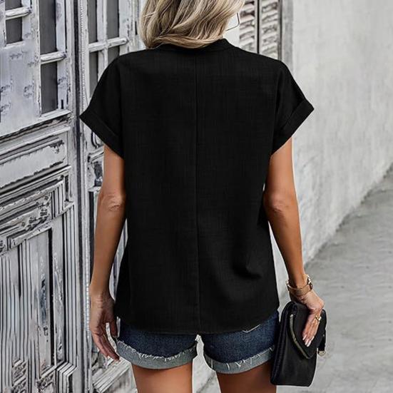 Women Summer Casual Shirt V-Neck Short Sleeve Loose Fit Pullover Tops Office Lady Simple Blouse Workwear