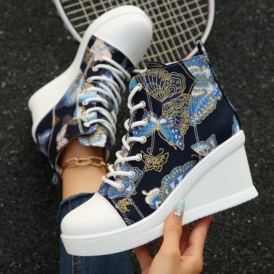 Модные высокие одинарные туфли Осень Новые Круглый носок Панельные С принтом На шнуровке Спереди Платформа Нескользящие Износостойкие Клиновидные каблуки