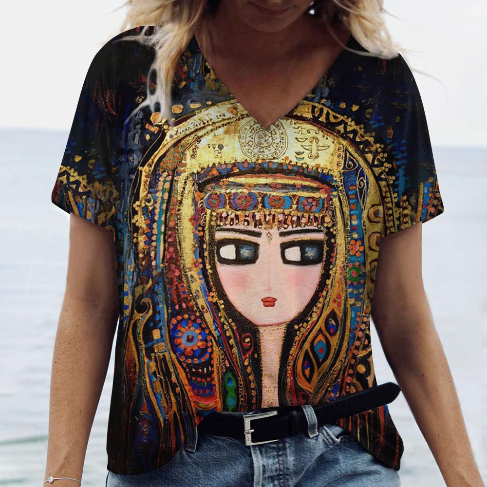 Summer Cartoon T-shirt Graphic Printing V-neck Short-sleeved Pullover Outdoor Casual Women's T-shirt