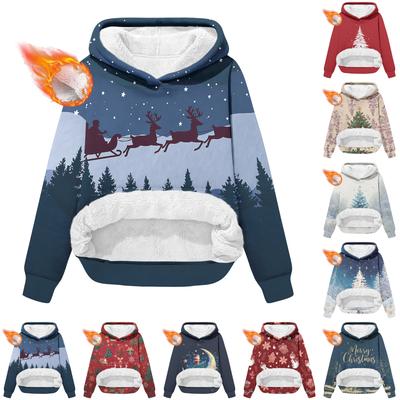 Женская модная повседневная толстовка с длинными рукавами, рождественским принтом, на флисовой подкладке, теплая, с капюшоном