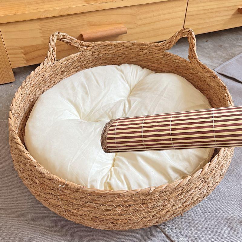 OUZEY Rattan Weaving Cat Basket Pet Cat Bed With Cushion Soft Warm Puppy Kitten Bed Donut Round Comfortable Sleeping Cat House