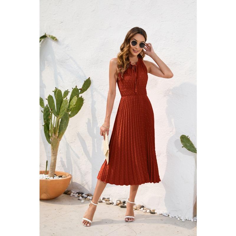 Tie High Waist Pressure Pleated Sleeveless Summer Casual Vacation Travel Dresses