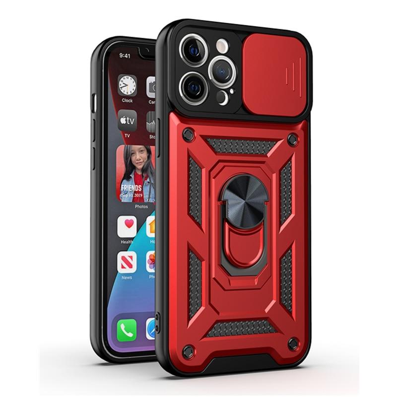 Luxury Sliding Lens Protection Armor Case For iPhone Samsung Huawei Xiaomi Redmi Magnetic Ring Shockproof Cover