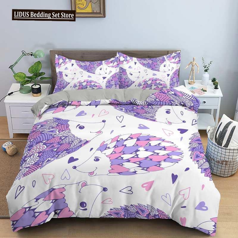 Hedgehog Bedding Set Cute Kawaii Wildlife Comforter Cover With Pillowcases For Kids Boys Girl Polyester Bedding Set King Size