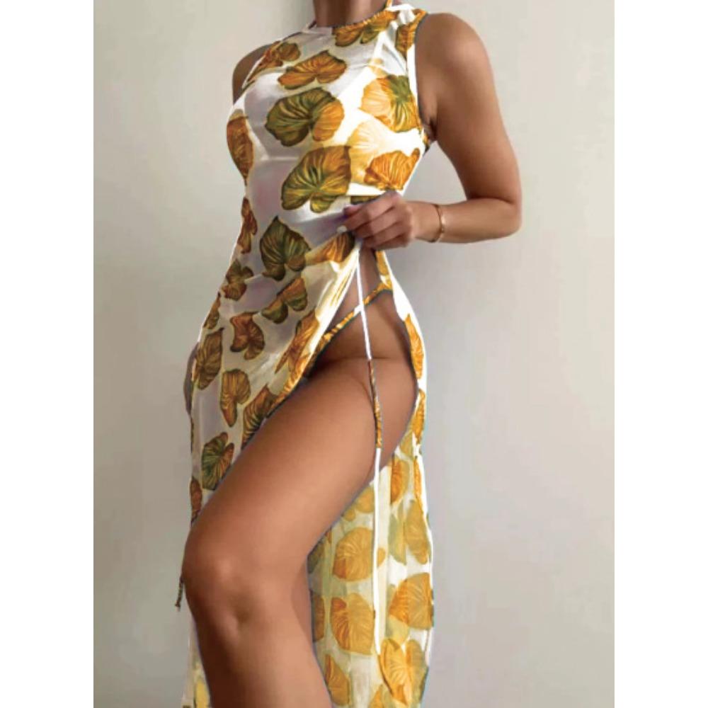 Сексуальный разделенный трехсекционный зеленый купальник бикини с цветочным принтом