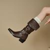 Black Brown Women Mid Calf Boots High Square Heel Small Big Size 32 48
