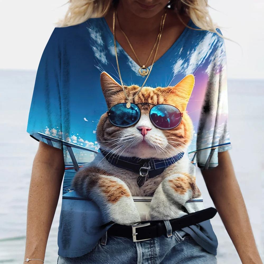 Fashionable Women's T-Shirts Cute Kitten 3D Print Girl Summer Harajuku Loose Casual Clothing Kawaii V-Neck Short Sleeve T-Shirts
