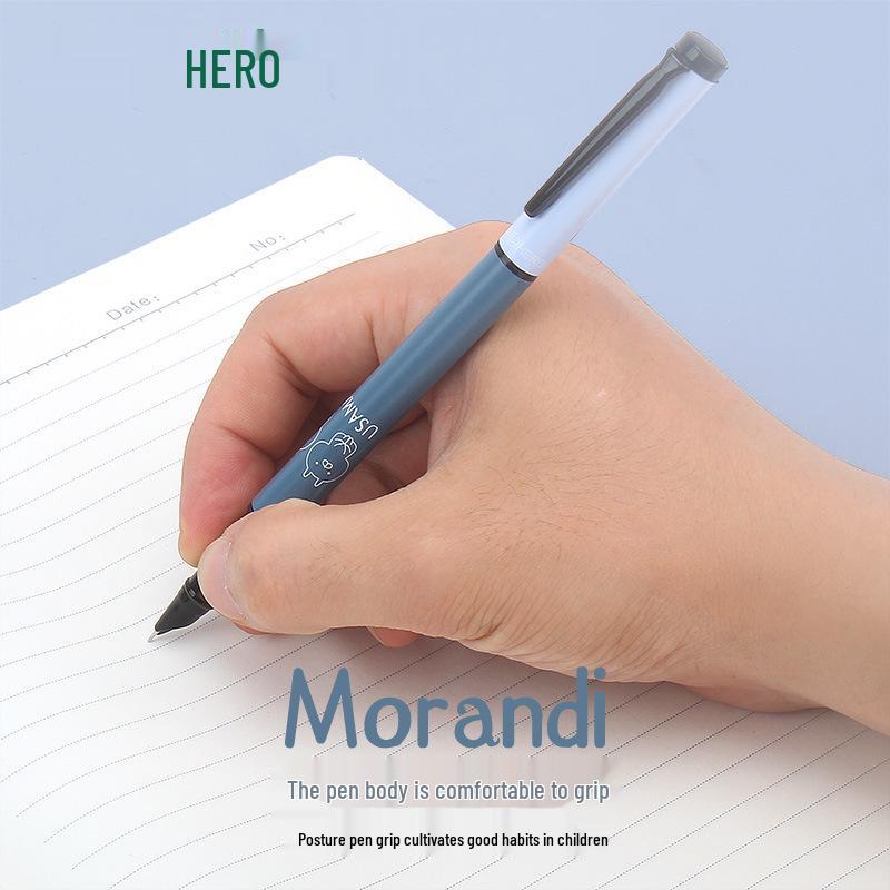 Стальная ручка Hero 3160 Morandi: Каллиграфическая ручка для тренировки с коррекцией осанки для учеников начальной школы, сменная синяя чернильная капсула