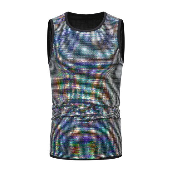 Летний мужской жилет, блестящий металлический жилет без рукавов с круглым вырезом, приталенный, эластичный, средней длины, пуловер на бретелях для выступлений в клубе, шоу на сцене