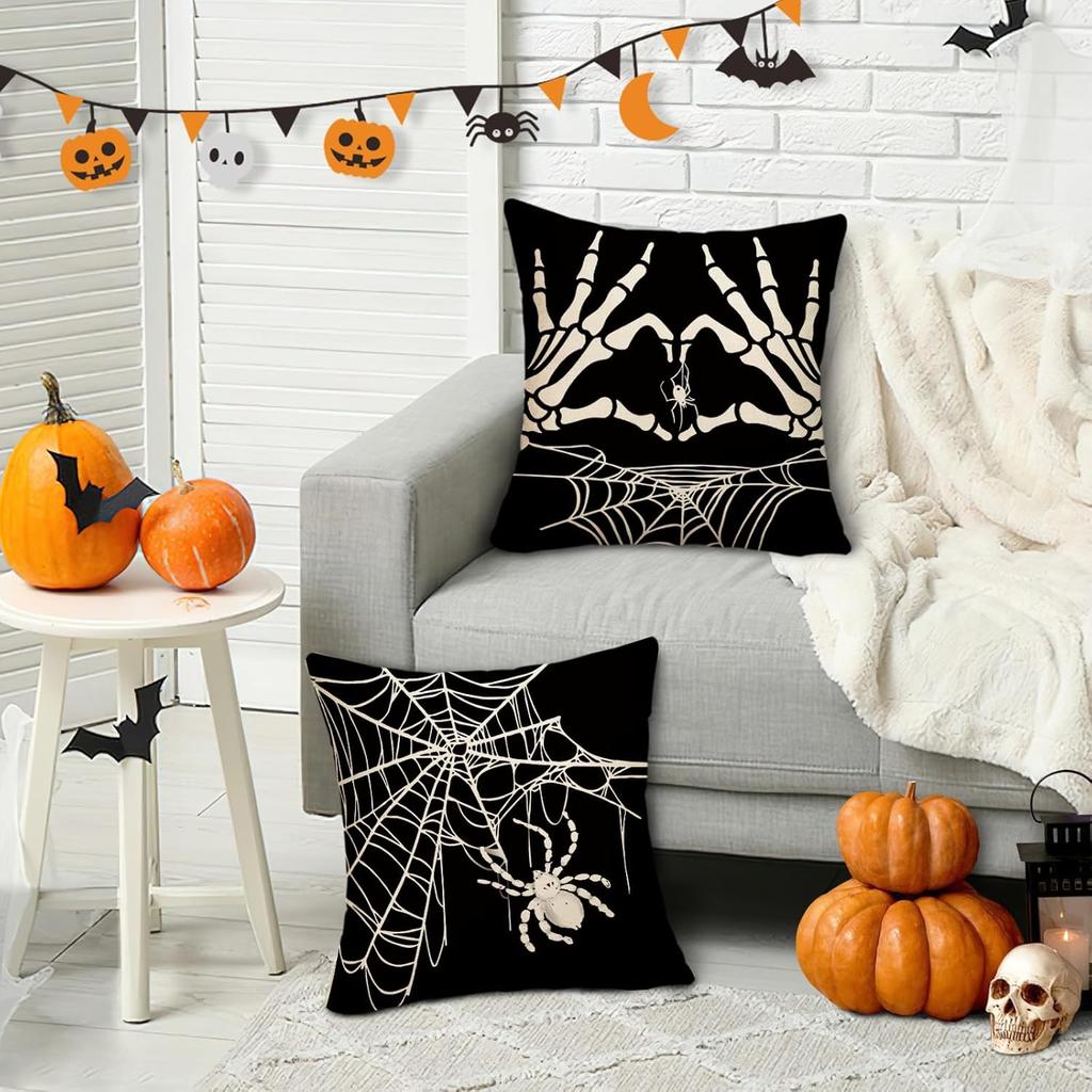 Happy Halloween Gothic Decorative Throw Pillow Covers 18 X 18 Set Of 4, Horror Skeleton Hands Skull Spider Web Porch