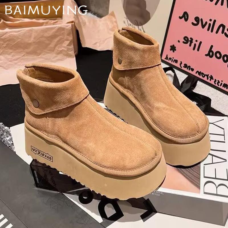 Замшевые женские зимние ботильоны на платформе, дизайнерские короткие плюшевые туфли на среднем каблуке, новый бренд 2025 года, теплые, удобные, зимние ботинки для женщин
