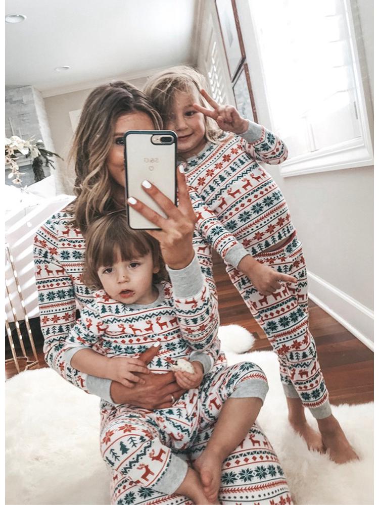 Европейский и американский рождественский семейный пижамный комплект - Топ с принтом, Длинный рукав, Длинные брюки