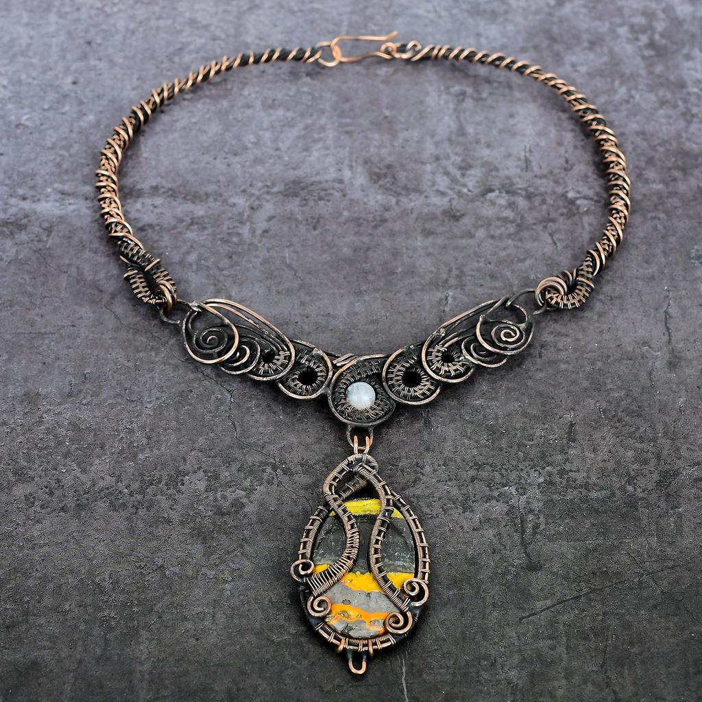 Bumble Bee Jasper Handmade Copper Wire Wrap Jewelry Necklace 18" G3w38