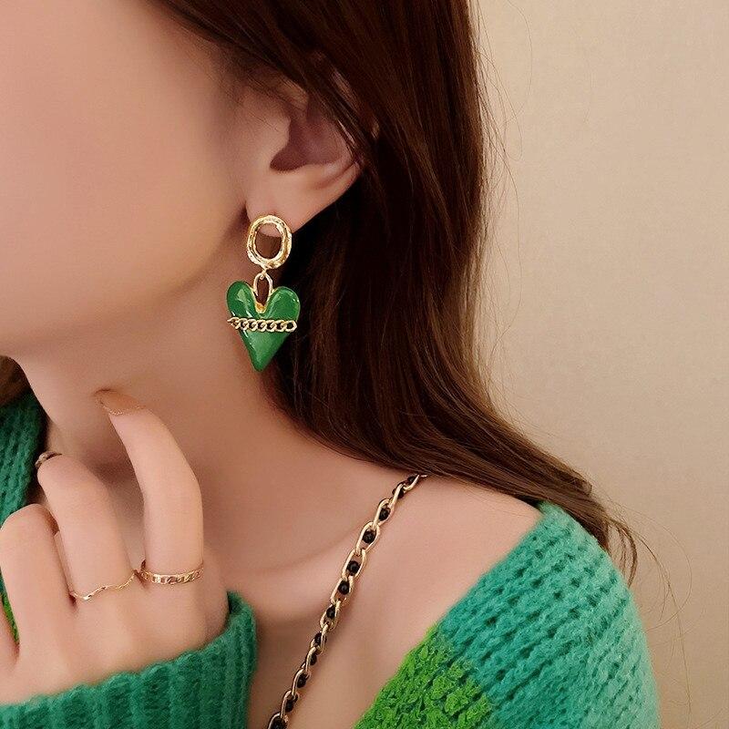 Trendy Style Fashionable Gorgeous Green Heart Metallic Dangle Earrings Latest Korean Style Brincos JewelryFashion Dangle