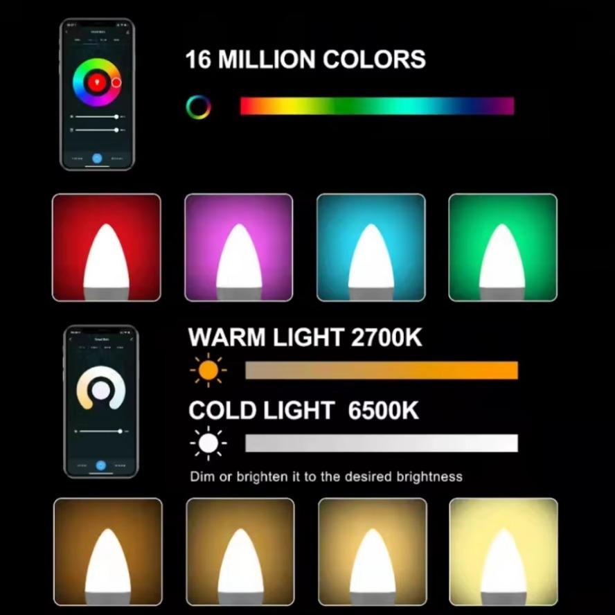 Интеллектуальная лампа-свеча Wifi Лампочка E14 RGB+CW+WW 5 Вт Tuya Smart Life APP Голосовое управление Совместимость с Alexa Google Home Диммируемая