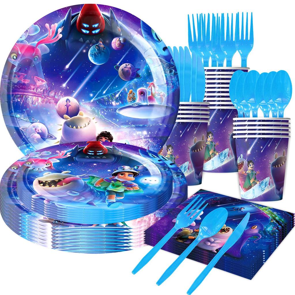 Earth Special Agent Anime Birthday Party Tableware Set: Plates, Cups, Tablecloth, Knives, Decorations.