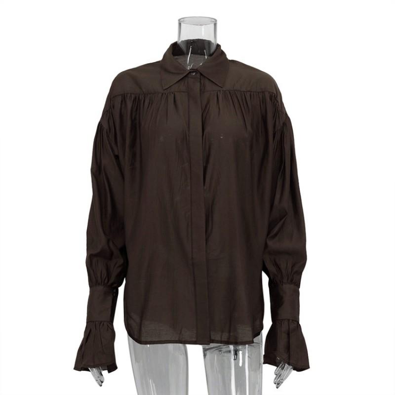 Womens 2026 Loose Fit Collared Solid Color Long Sleeve Shirt Casual Blouse Daily Wear