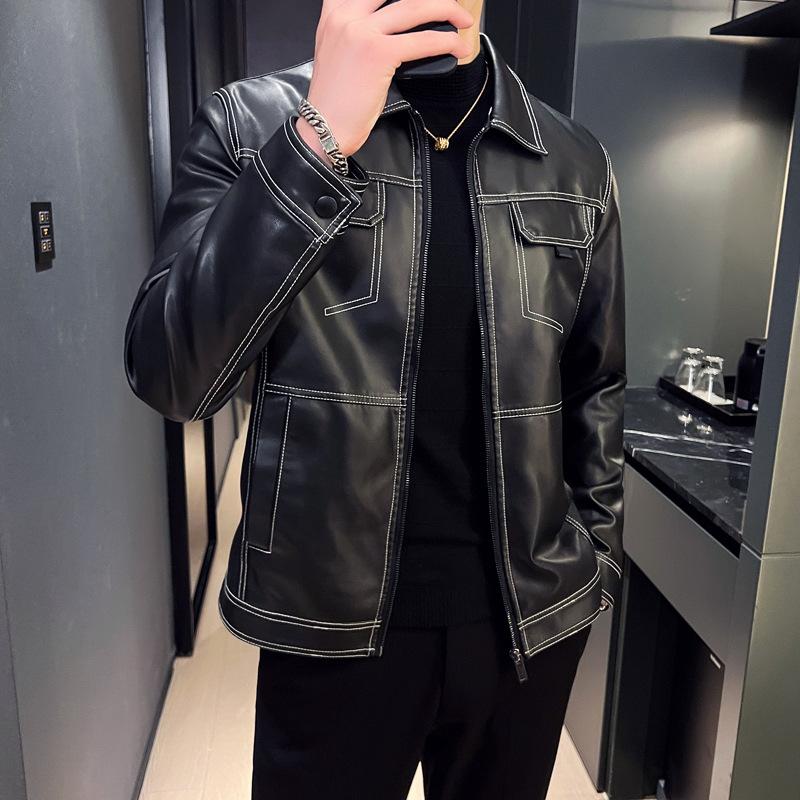 Зимняя эластичная тонкая мужская мотоциклетная куртка из искусственной кожи в стиле ретро с объемными карманами и металлическими пуговицами, мягкая кожаная куртка в рабочем стиле