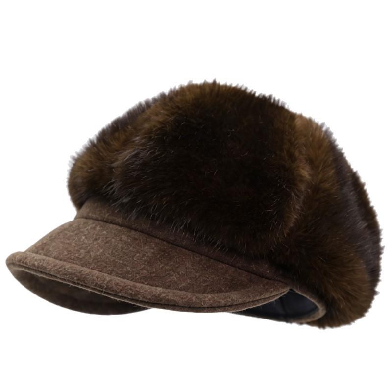 Womens Faux Fur Trapper Hat With Leather Brim Duckbill Cap Winter Warm Beanie Style Cloche