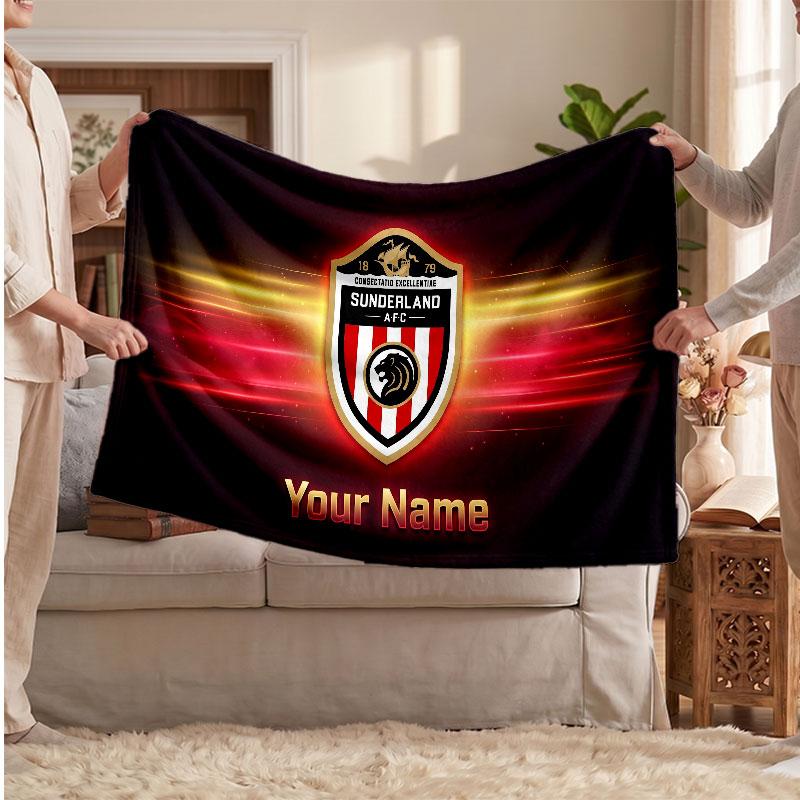 Sunderland FC Personalized Fleece Blanket With Football Logo, Custom Name Text Soft Warm Home Throw Blanket