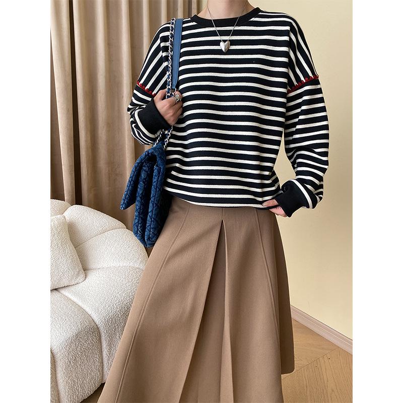 Синан Французский Полосатый Контрастный Круглый вырез Свободный Плюс Бархатный Свитшот SN4694